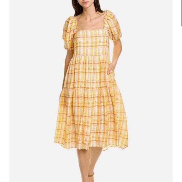 ASTR The Label Women's Ilana Yellow Plaid Midi Dress Puff Sleeve Open Back Large - Picture 1 of 9
